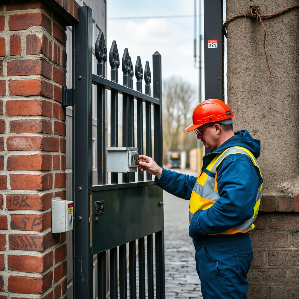 Technician servicing an access control keypad on a commercial gate